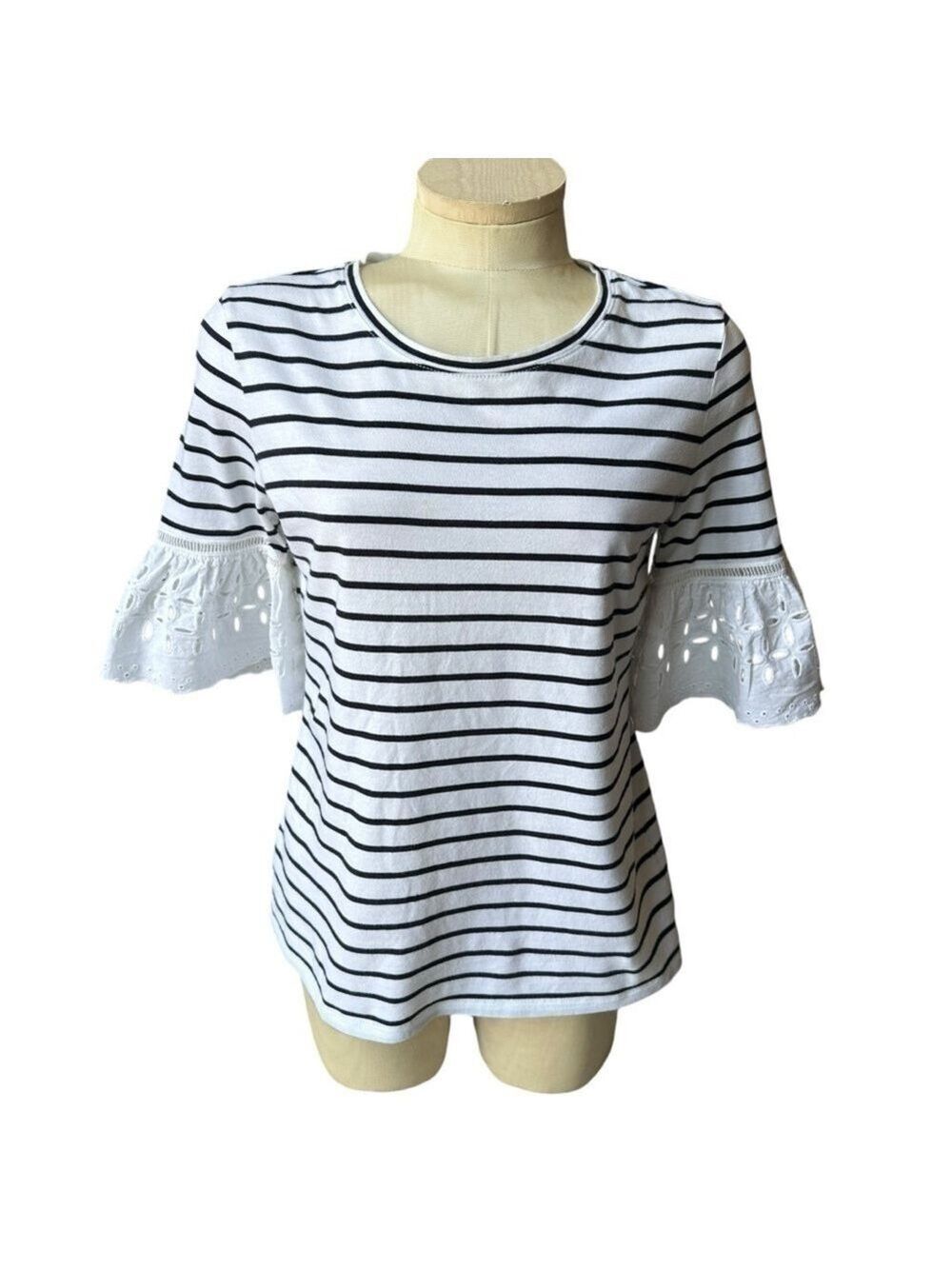 Ann Taylor White & Black Striped Eyelet Flare Sleeve Top Womens Medium